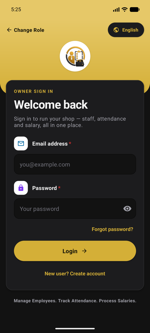 Open the Employees tab and tap + to add each person: name, role, phone number, and how they are paid — a daily rate, a weekly rate or a monthly salary. Salary is calculated from this later, so it is worth getting right the first time.