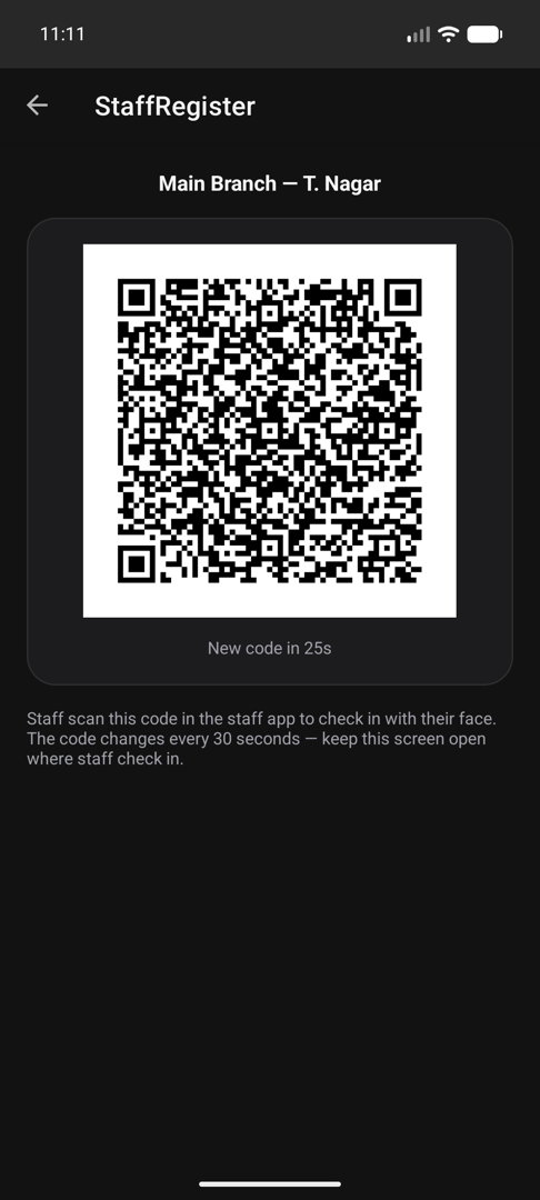 StaffRegister attendance QR screen for a branch, showing the code and the countdown to the next one